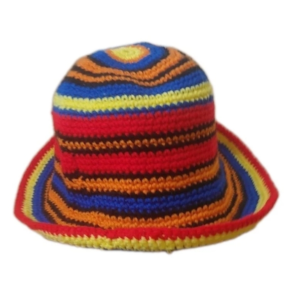 Boho Hippie Crochet Rainbow Striped Bucket Hat Adult One Size Handmade Festival - Picture 4 of 8